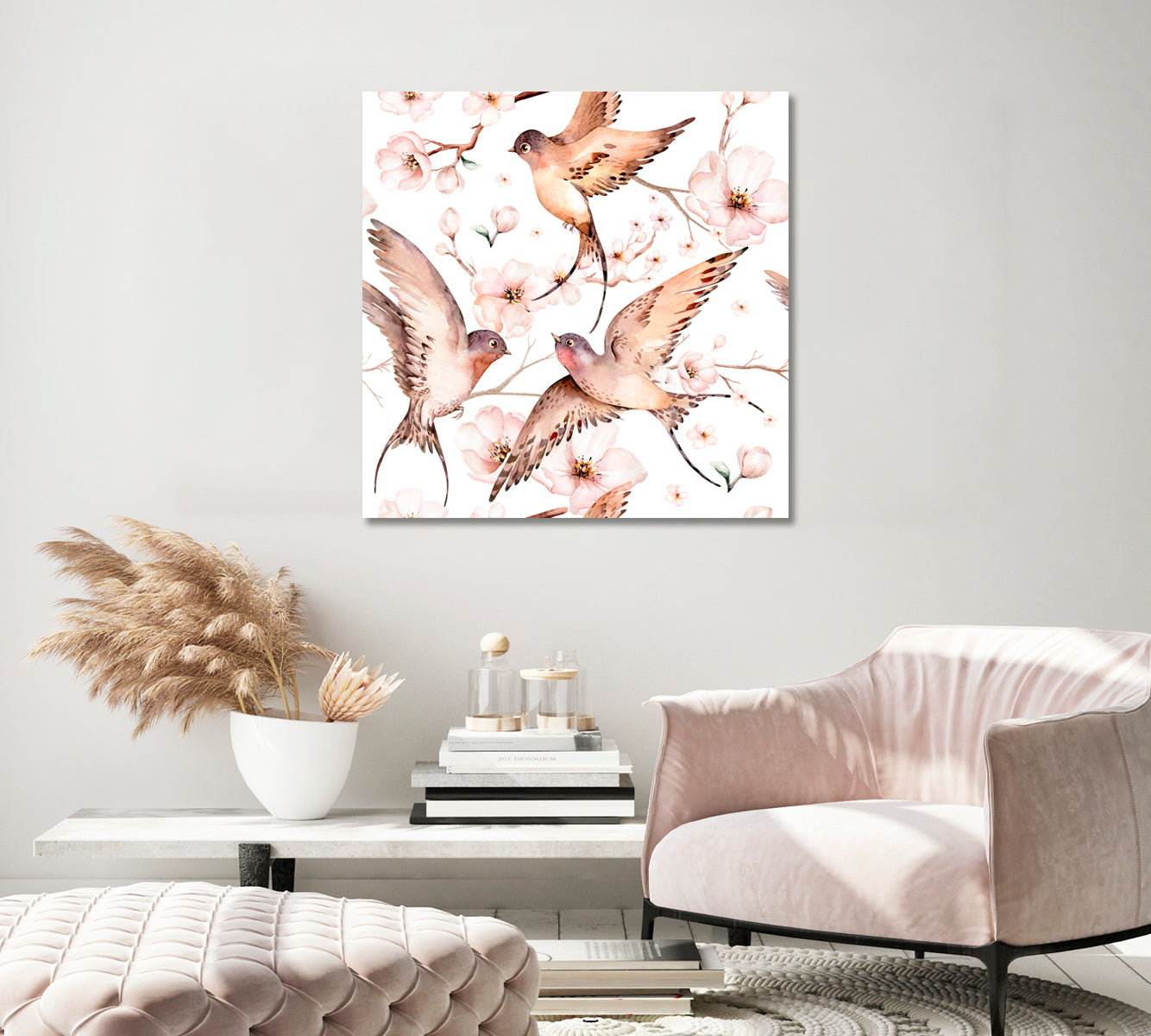 Watercolor Spring Flying Swallows Canvas Print-Canvas Print-CetArt-1 panel-12x12 inches-CetArt