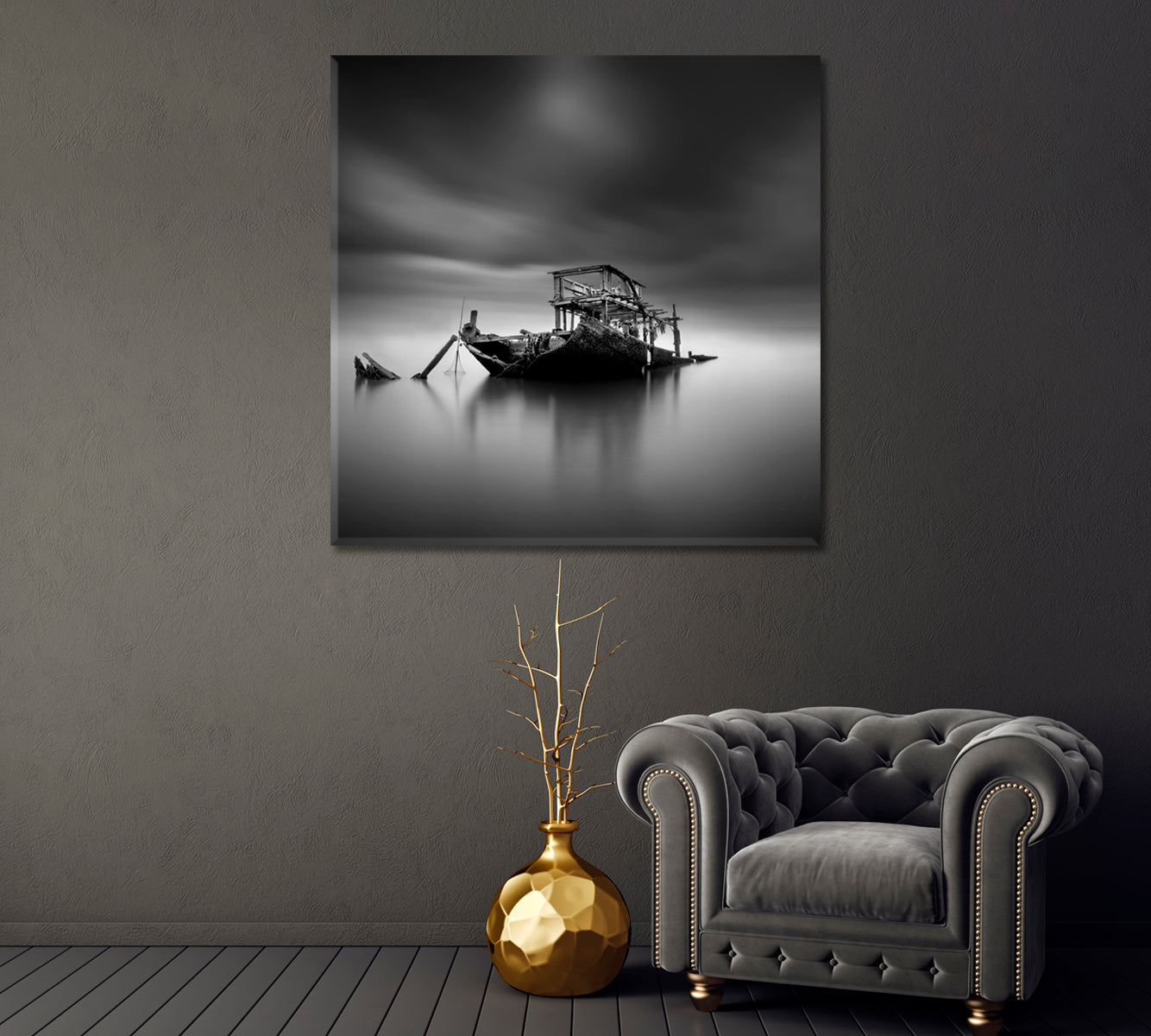 Sunken Boat at Sea in Black and White Canvas Print-Canvas Print-CetArt-1 panel-12x12 inches-CetArt