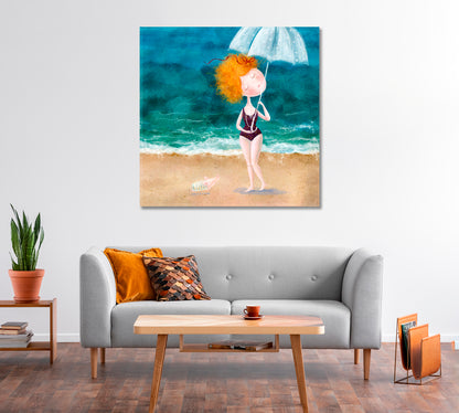 Abstract Redhead Girl with Umbrella on Beach Canvas Print-Canvas Print-CetArt-1 panel-12x12 inches-CetArt