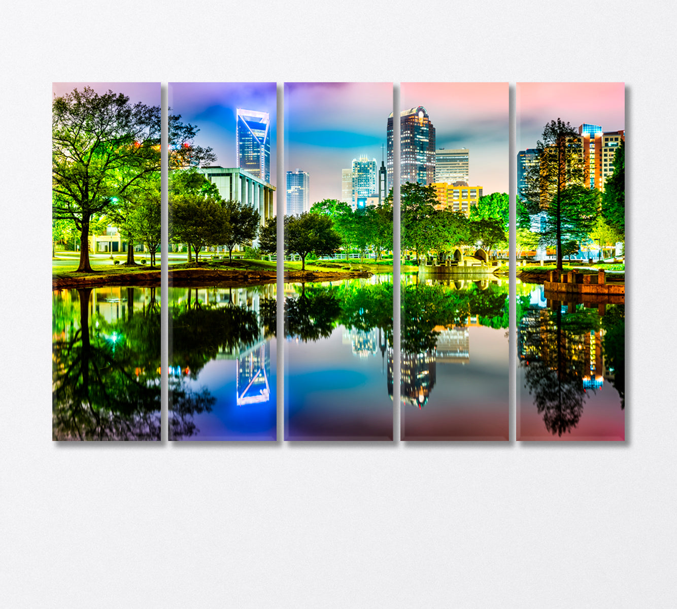 Reflection of Charlotte Lights in Marshall Park Pond Canvas Print-Canvas Print-CetArt-5 Panels-36x24 inches-CetArt