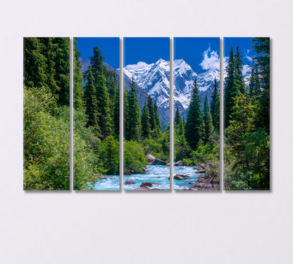 Spruce Forest near a Stormy River and Snowy Mountains Kyrgyzstan Canvas Print-Canvas Print-CetArt-5 Panels-36x24 inches-CetArt