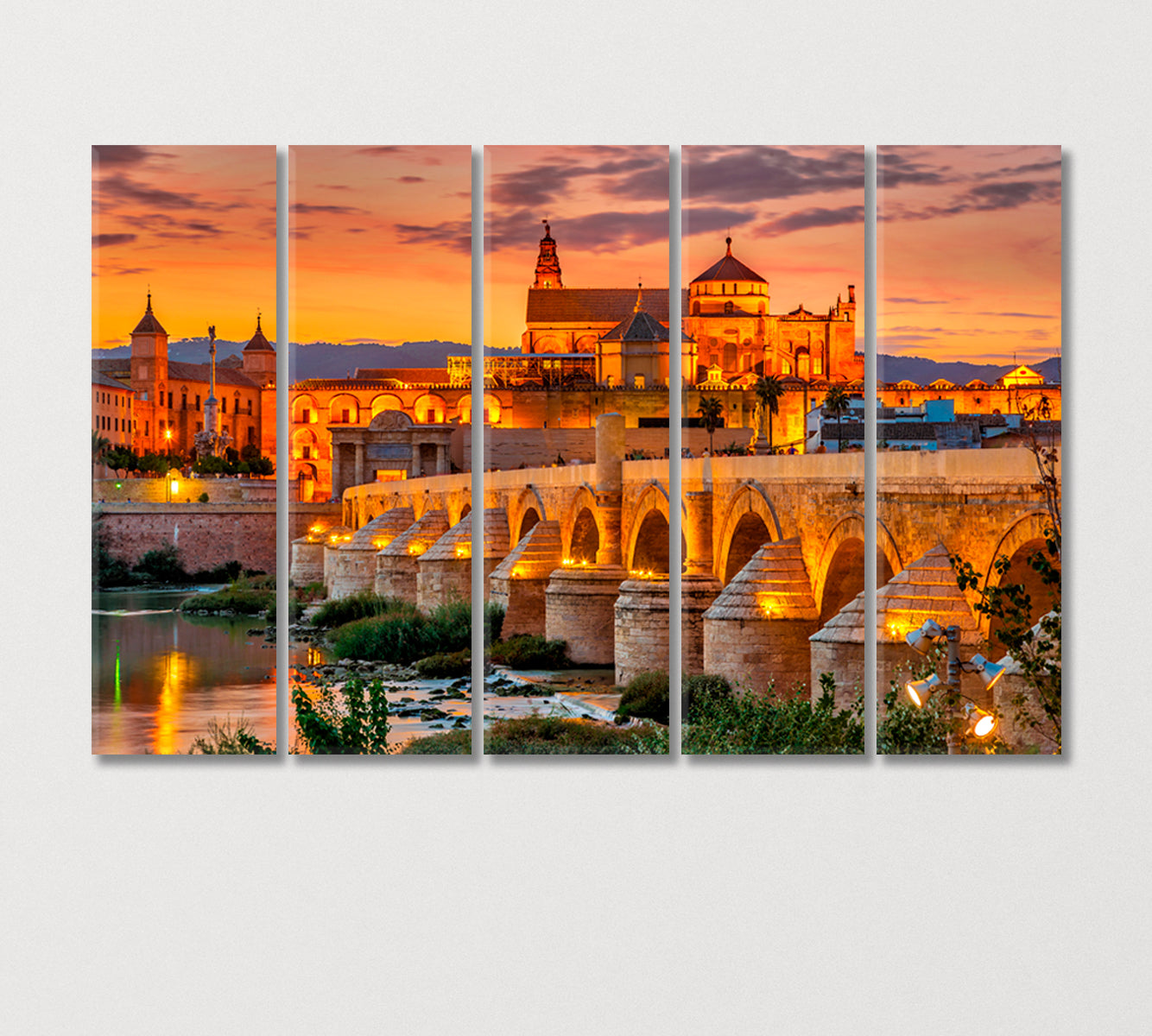 Old Cathedral Mezquita and Roman Bridge at Sunset Cordoba Spain Canvas Print-Canvas Print-CetArt-5 Panels-36x24 inches-CetArt