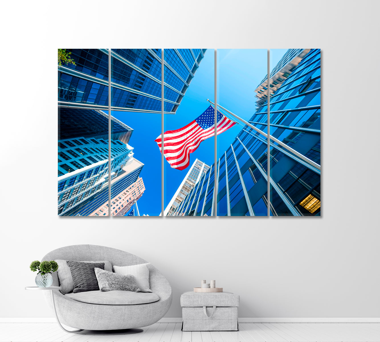 US Flag Over Blue High Rise Buildings Canvas Print-Canvas Print-CetArt-1 Panel-24x16 inches-CetArt