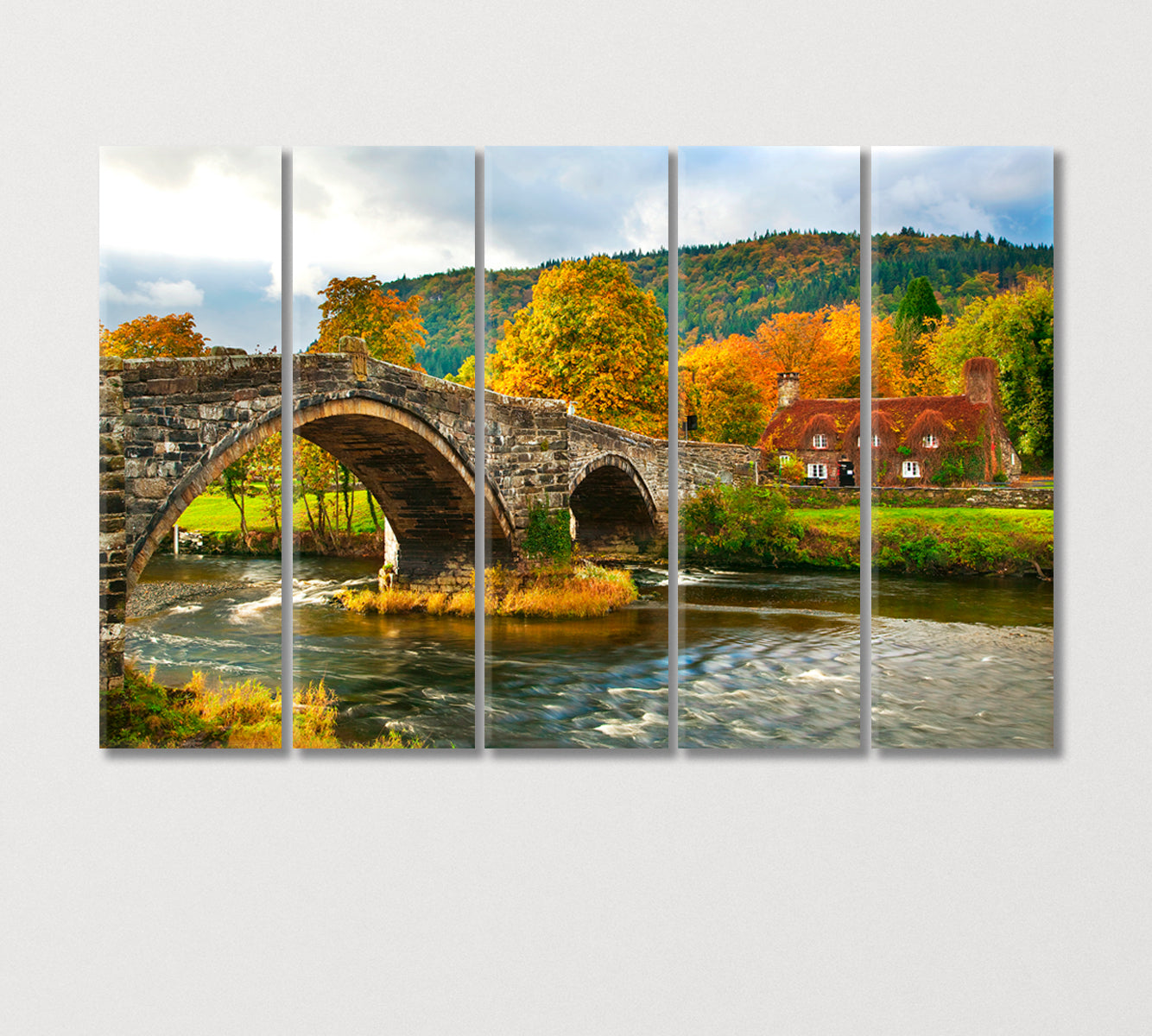 Autumn Landscape with Llanrwst Bridge UK Canvas Print-Canvas Print-CetArt-5 Panels-36x24 inches-CetArt