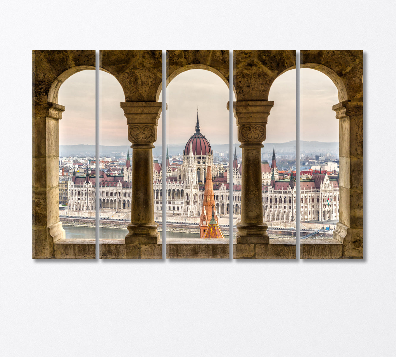 Budapest Parliament View Through Fisherman's Bastion Hungary Canvas Print-Canvas Print-CetArt-5 Panels-36x24 inches-CetArt