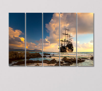 Old Pirate Ship at the Open Sea in Sunset Canvas Print-Canvas Print-CetArt-5 Panels-36x24 inches-CetArt