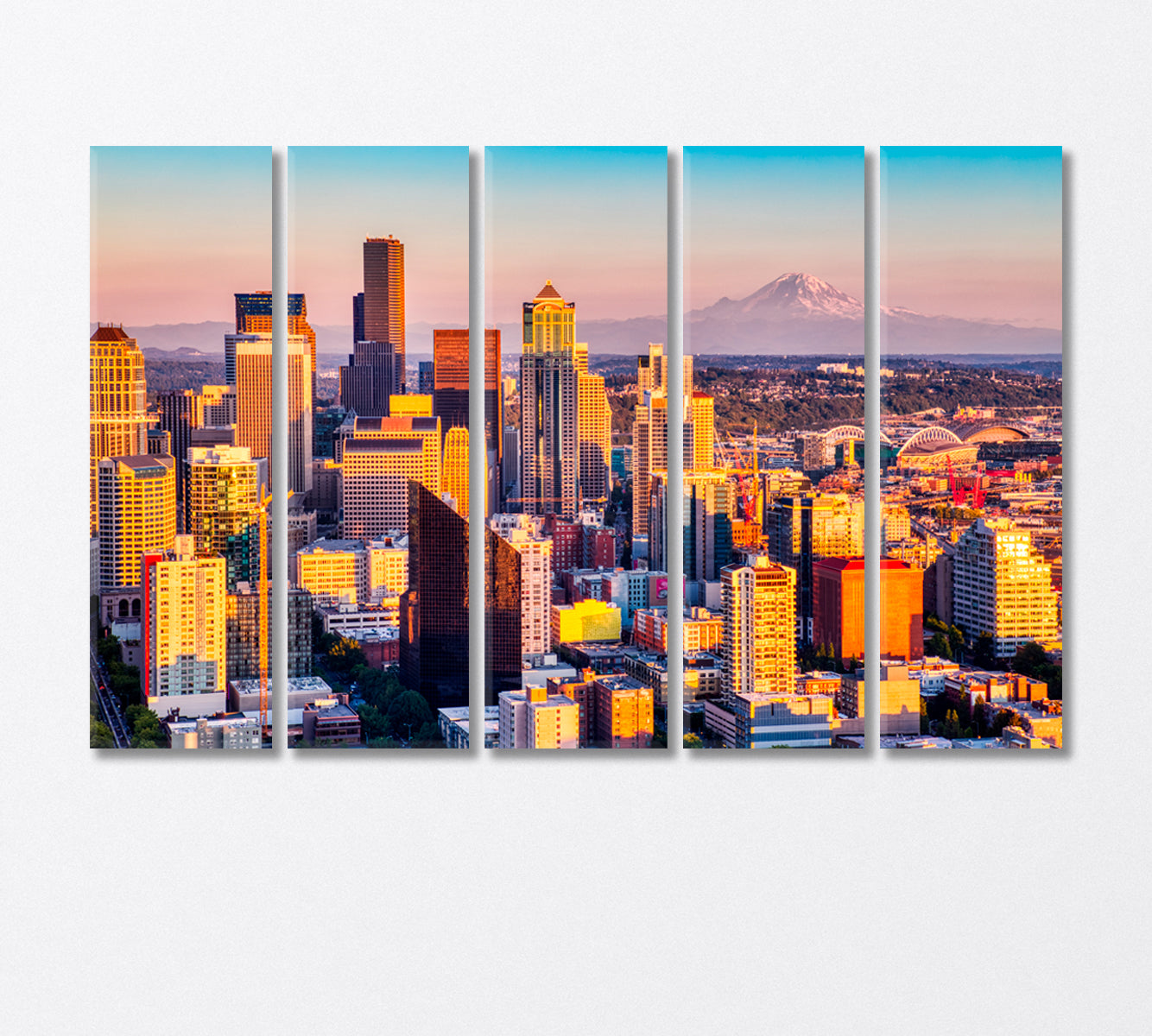 Seattle Skyline and Mount Rainier Volcano USA Canvas Print-Canvas Print-CetArt-5 Panels-36x24 inches-CetArt