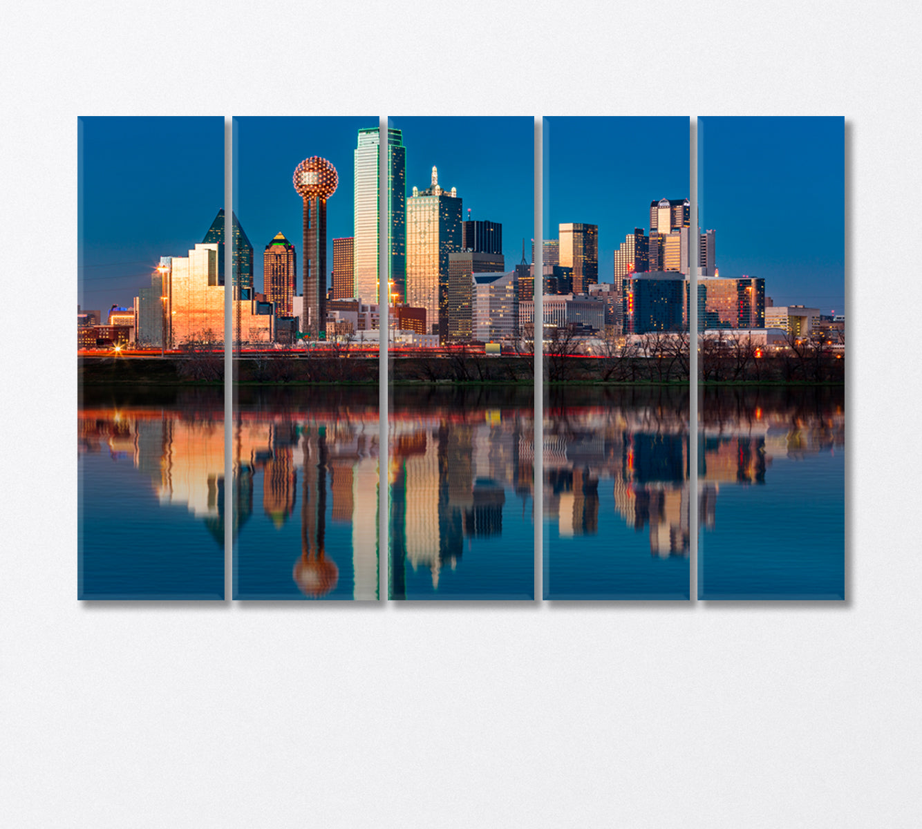 Dallas Skyline Reflected in Trinity River at Sunset Canvas Print-Canvas Print-CetArt-5 Panels-36x24 inches-CetArt