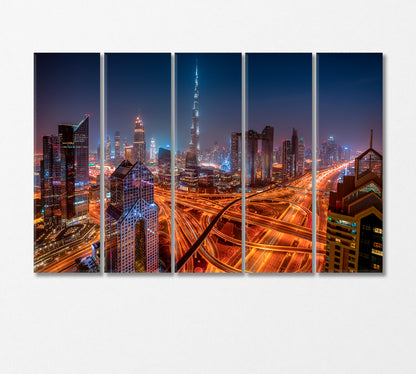 Dubai Illuminated Highway at Night Canvas Print-Canvas Print-CetArt-5 Panels-36x24 inches-CetArt