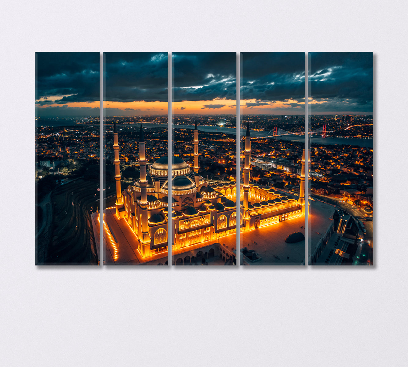 Chamilka Mosque Illuminated with Lights at Night Turkey Canvas Print-Canvas Print-CetArt-5 Panels-36x24 inches-CetArt