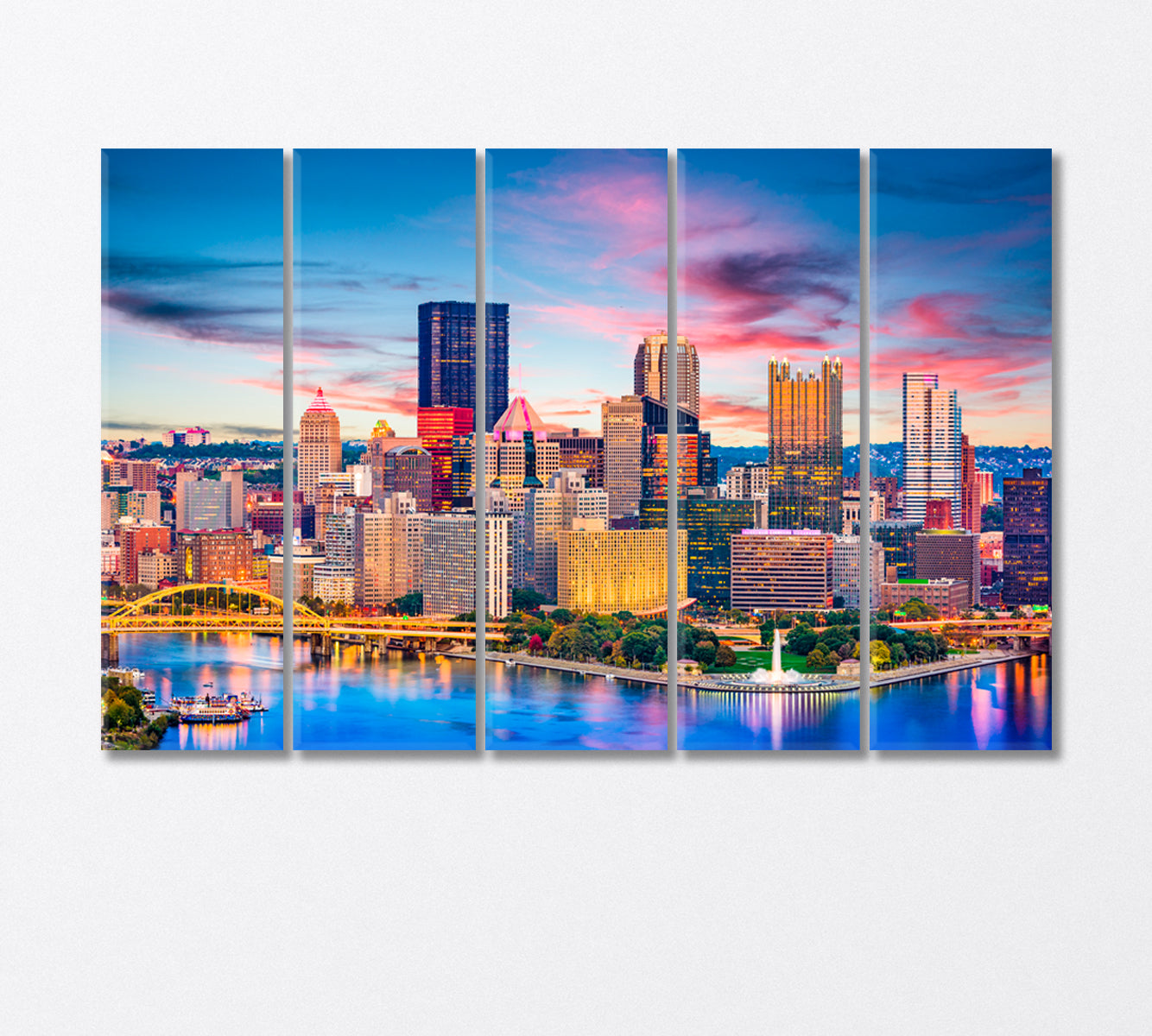 Colorful Skyscrapers of Pittsburgh at Dusk USA Canvas Print-Canvas Print-CetArt-5 Panels-36x24 inches-CetArt