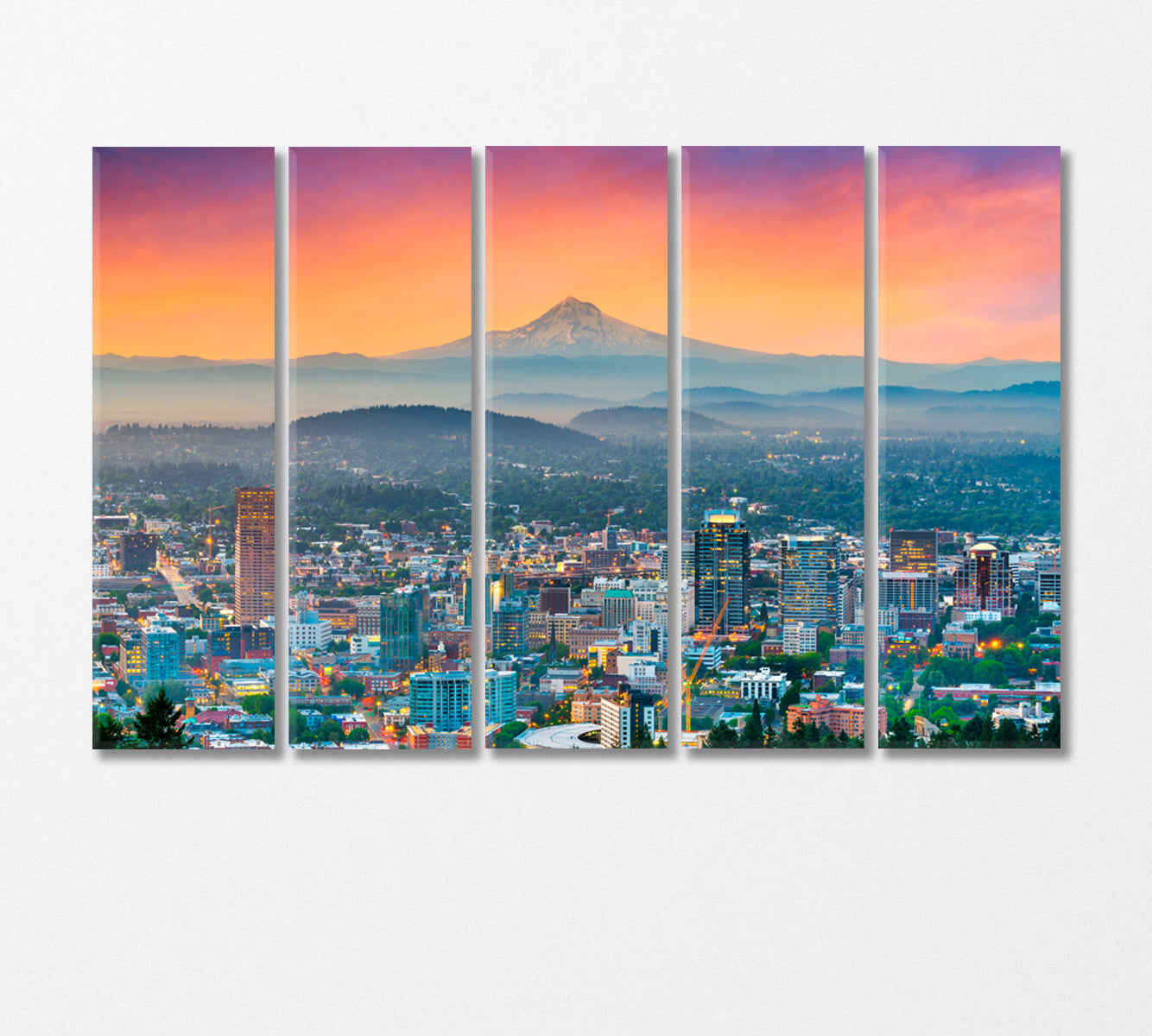 Portland Skyscrapers and Mount Hood Volcano Canvas Print-Canvas Print-CetArt-5 Panels-36x24 inches-CetArt