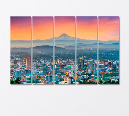 Portland Skyscrapers and Mount Hood Volcano Canvas Print-Canvas Print-CetArt-5 Panels-36x24 inches-CetArt