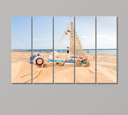 Little Wooden Boat at Ocean Coast Canvas Print-Canvas Print-CetArt-5 Panels-36x24 inches-CetArt