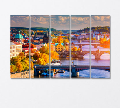 Autumn View of Charles Bridge and Vltava River Prague Canvas Print-Canvas Print-CetArt-5 Panels-36x24 inches-CetArt