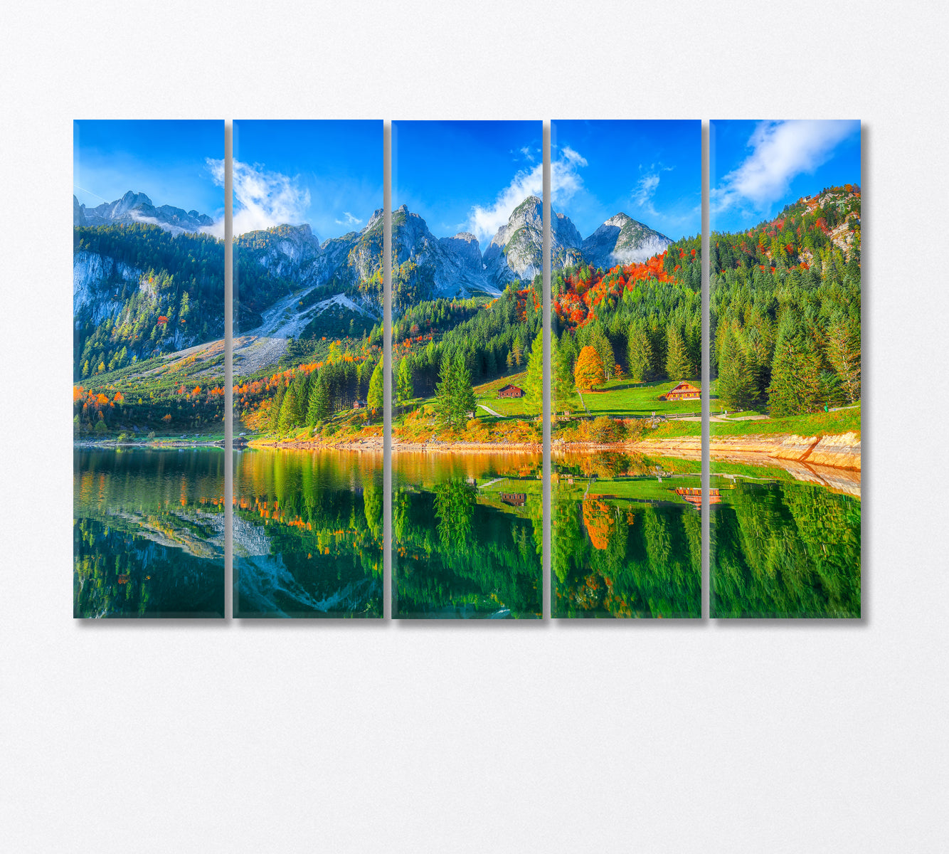 Dachstein Mountain by Lake Gosausee in Autumn Canvas Print-Canvas Print-CetArt-5 Panels-36x24 inches-CetArt