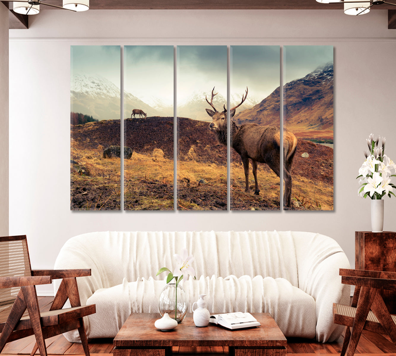 Scottish Mountain Landscape with Deer Canvas Print-Canvas Print-CetArt-1 Panel-24x16 inches-CetArt