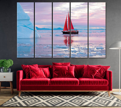 Red Sailboat Near Massive Iceberg Greenland Canvas Print-Canvas Print-CetArt-1 Panel-24x16 inches-CetArt