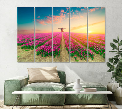 Windmill in Tulips Field Netherlands Canvas Print-Canvas Print-CetArt-1 Panel-24x16 inches-CetArt