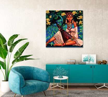 Beautiful Oriental Girl with a Musical Instrument Canvas Print-Canvas Print-CetArt-1 panel-12x12 inches-CetArt