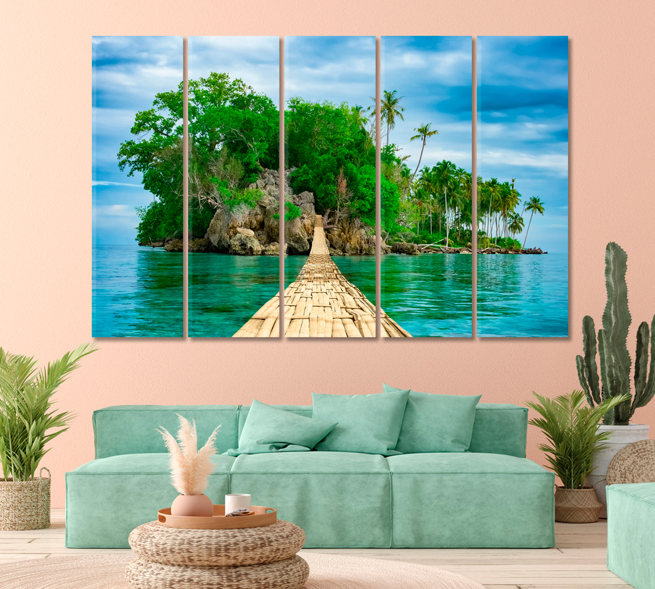 Bamboo Pedestrian Suspension Bridge over the Sea Canvas Print-Canvas Print-CetArt-1 Panel-24x16 inches-CetArt