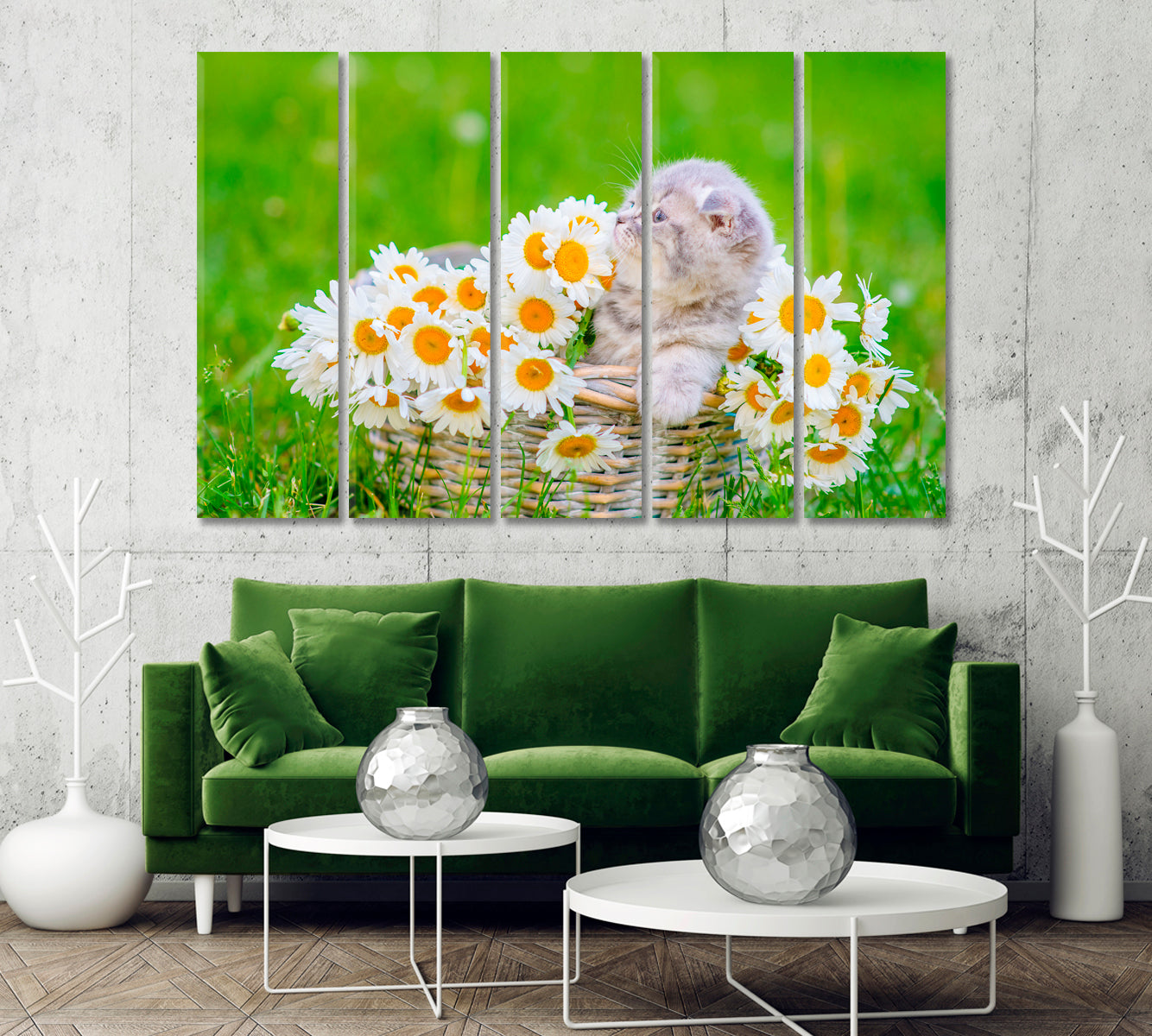 Fluffy Gray Scottish Kitten in Basket with Daisies Canvas Print-Canvas Print-CetArt-1 Panel-24x16 inches-CetArt