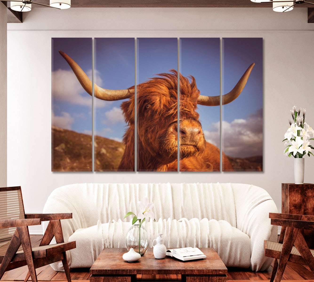 Highland Scottish Cow with Big Horns Canvas Print-Canvas Print-CetArt-1 Panel-24x16 inches-CetArt