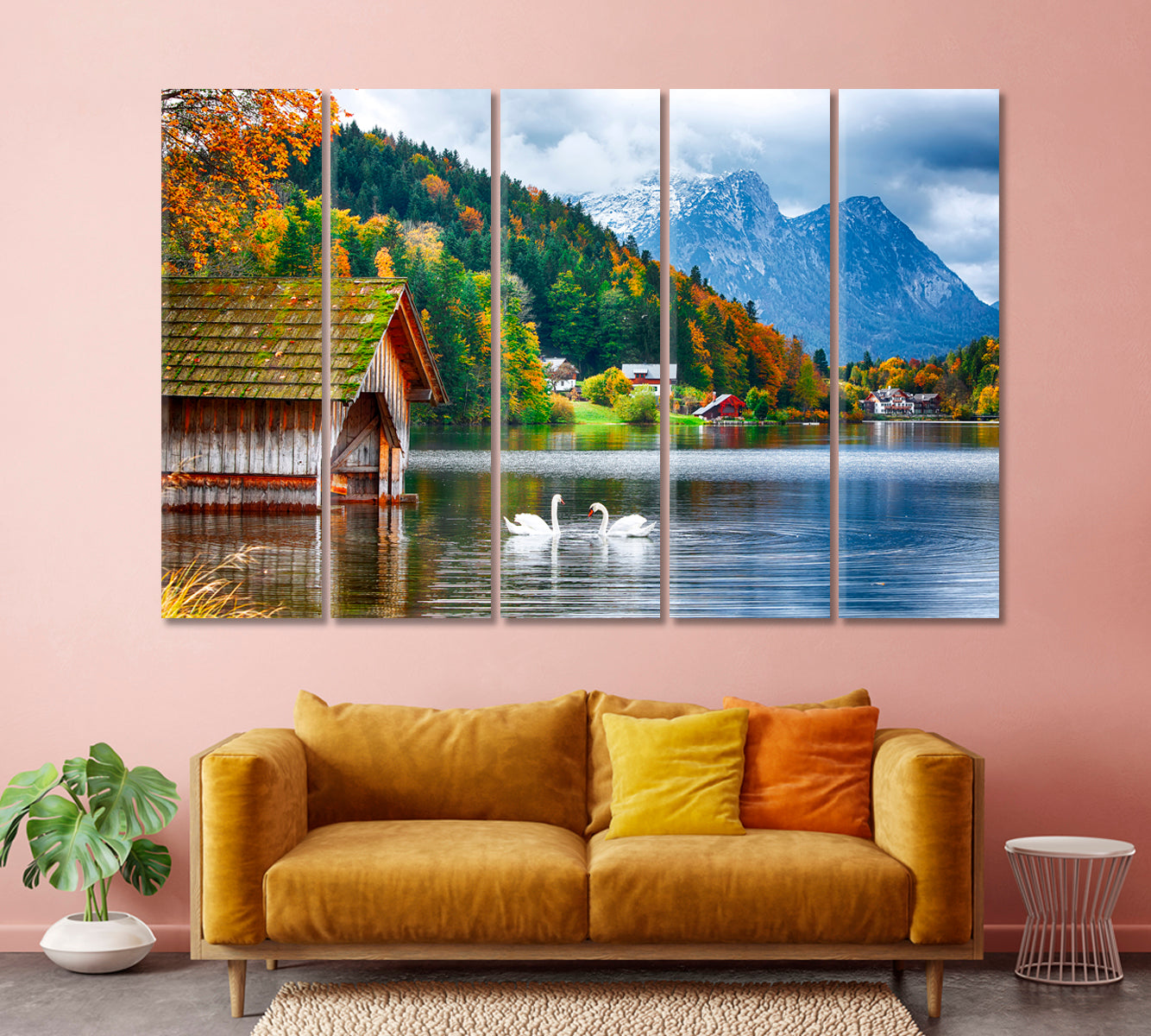 Two White Swans on Lake Grundlsee Switzerland Canvas Print-Canvas Print-CetArt-5 Panels-36x24 inches-CetArt