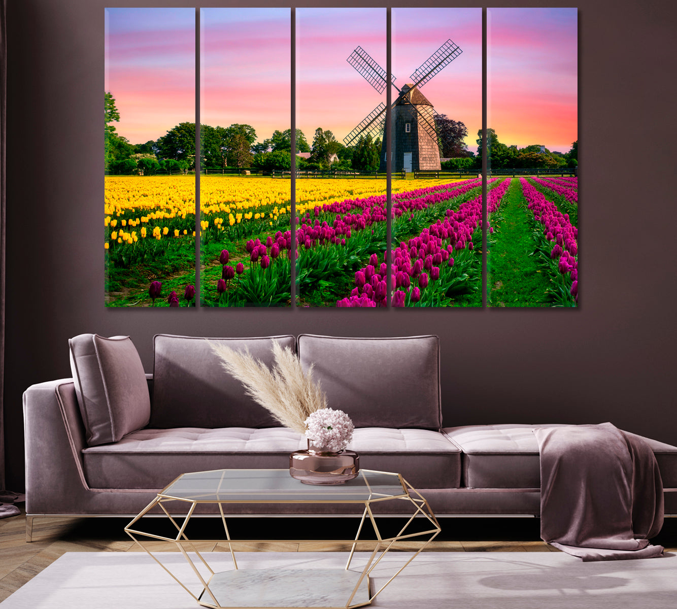 Windmill in Beautiful Color Tulips Field Canvas Print-Canvas Print-CetArt-1 Panel-24x16 inches-CetArt