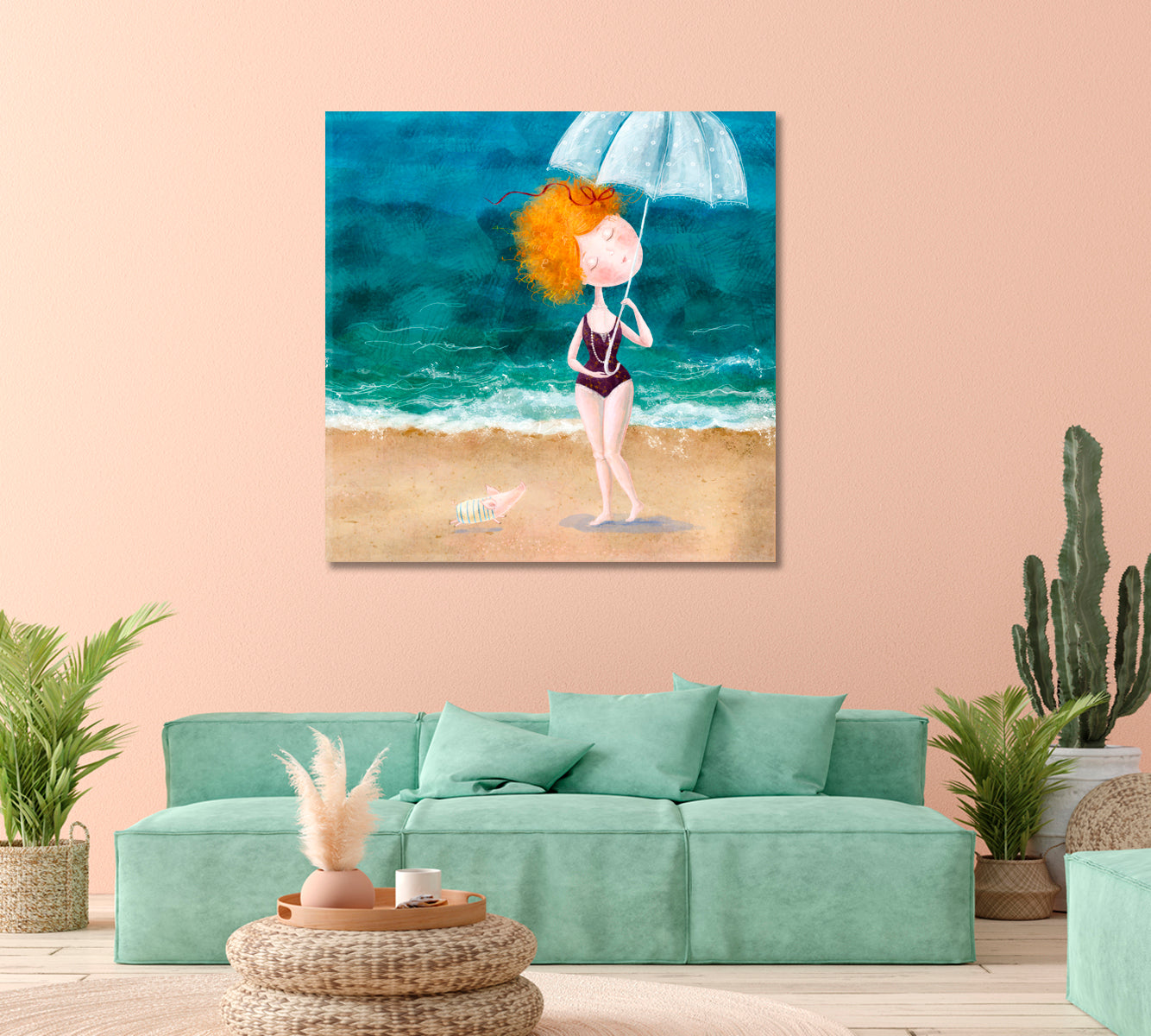 Abstract Redhead Girl with Umbrella on Beach Canvas Print-Canvas Print-CetArt-1 panel-12x12 inches-CetArt