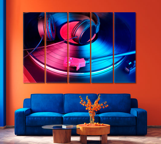 Black Headphones on Vinyl Record Canvas Print-Canvas Print-CetArt-1 Panel-24x16 inches-CetArt