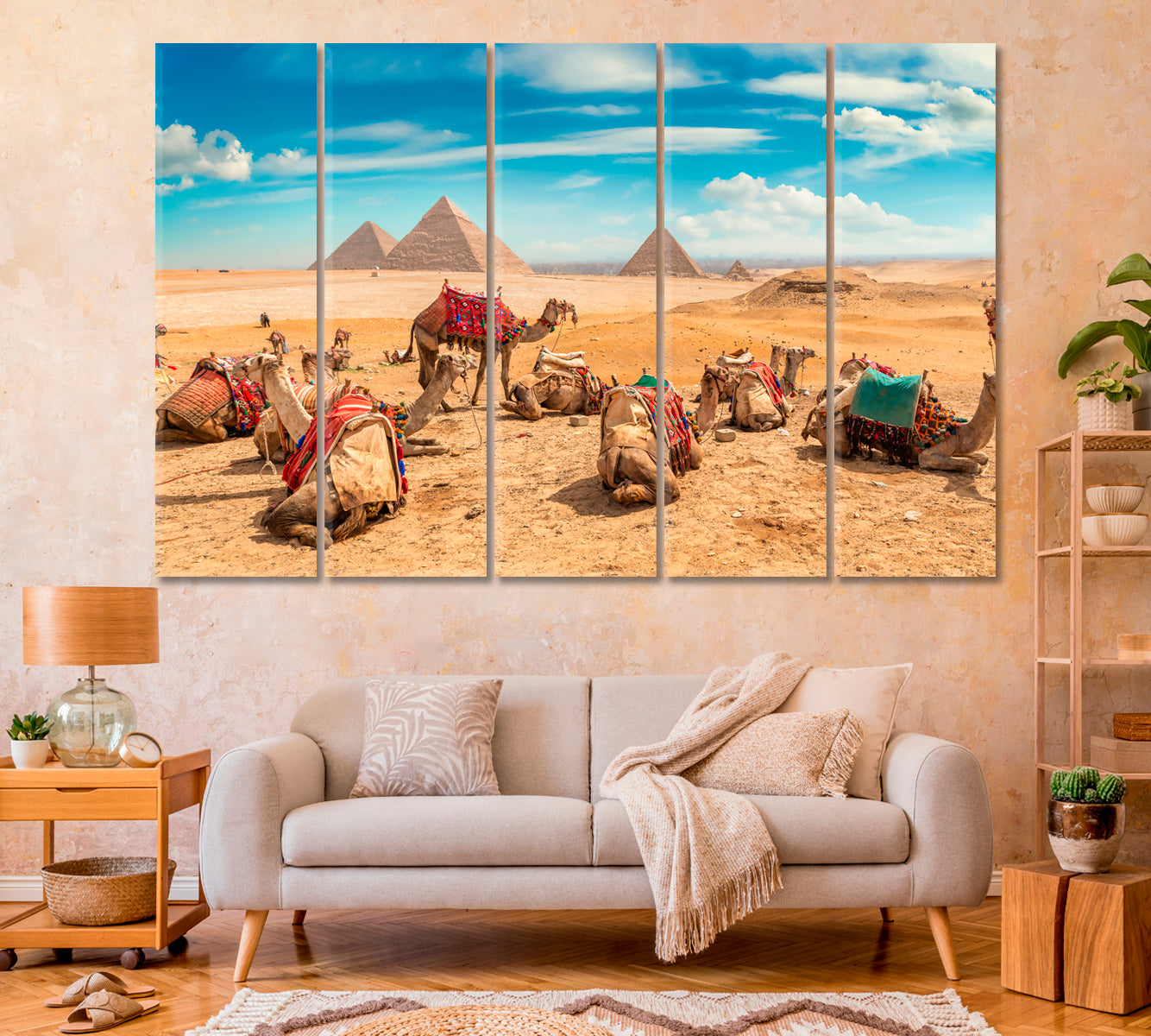 Camels in Sandy Desert near Egyptian Pyramids Canvas Print-Canvas Print-CetArt-1 Panel-24x16 inches-CetArt