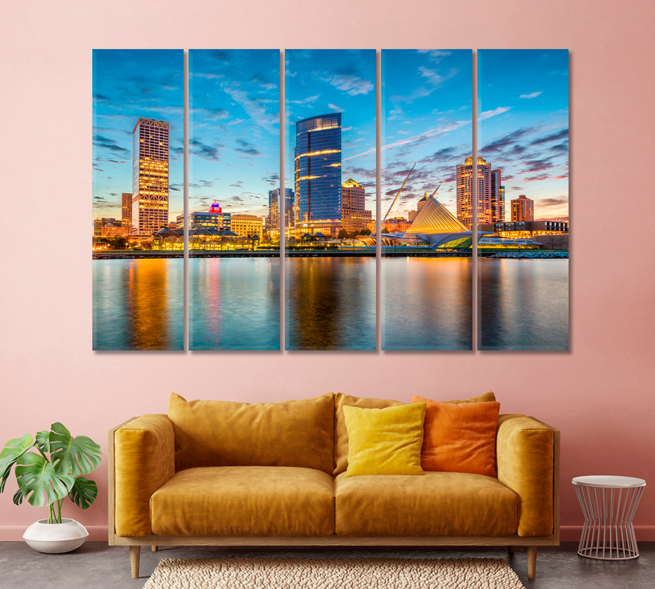 Milwaukee City on Lake Michigan Shore at Dusk Canvas Print-Canvas Print-CetArt-1 Panel-24x16 inches-CetArt