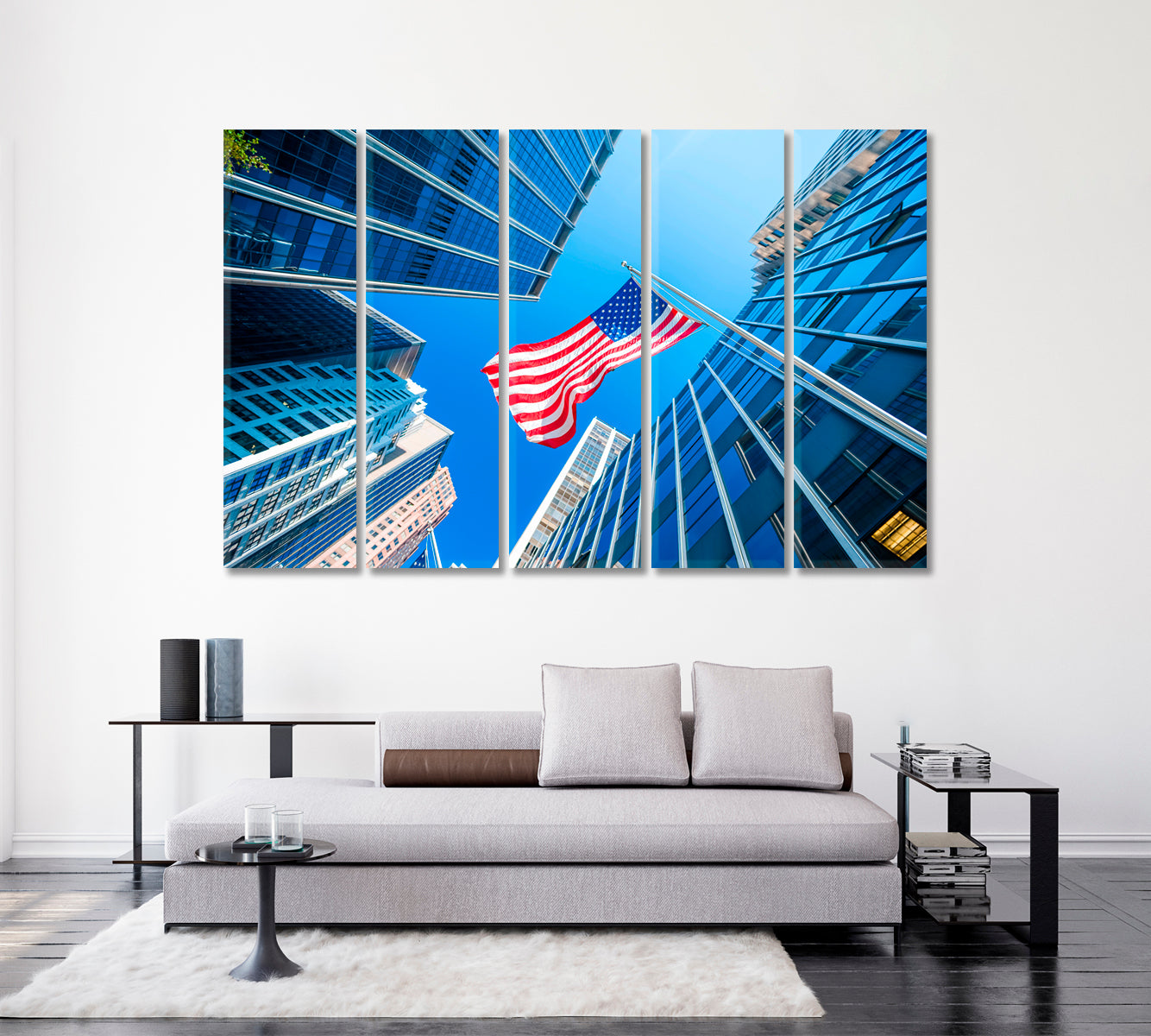 US Flag Over Blue High Rise Buildings Canvas Print-Canvas Print-CetArt-5 Panels-36x24 inches-CetArt