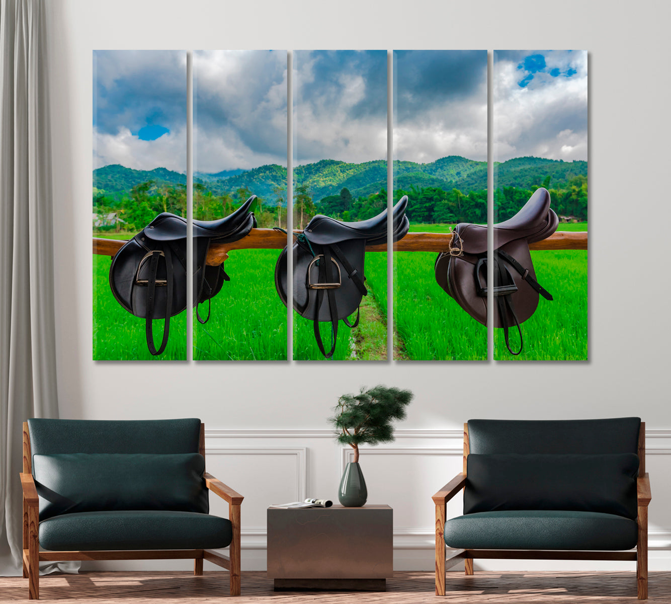 Saddle in Horse Farm with Mountain Landscape Canvas Print-Canvas Print-CetArt-1 Panel-24x16 inches-CetArt