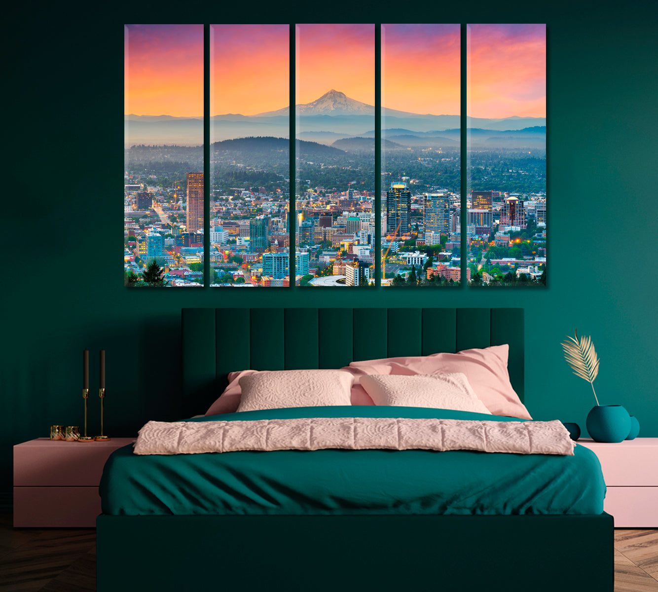 Portland Skyscrapers and Mount Hood Volcano Canvas Print-Canvas Print-CetArt-1 Panel-24x16 inches-CetArt