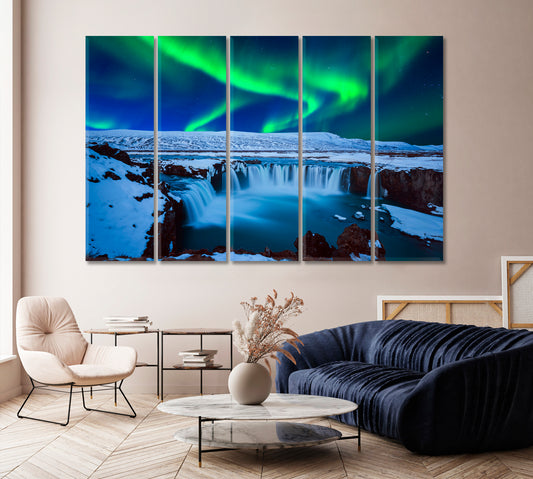 Aurora Borealis at Godafoss Waterfall Iceland Northern Light Canvas Print-Canvas Print-CetArt-1 Panel-24x16 inches-CetArt