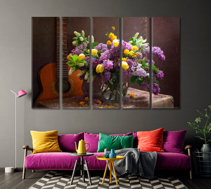 Still Life with Guitar and Magnificent Lilac Flowers Canvas Print-Canvas Print-CetArt-1 Panel-24x16 inches-CetArt