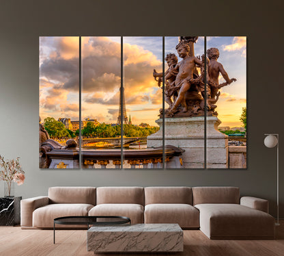 Sculpture on Alexandre III Bridge and Eiffel Tower Paris Canvas Print-Canvas Print-CetArt-1 Panel-24x16 inches-CetArt