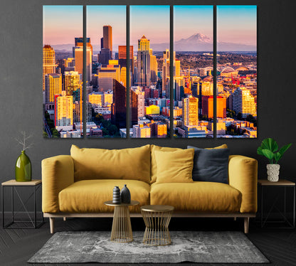 Seattle Skyline and Mount Rainier Volcano USA Canvas Print-Canvas Print-CetArt-1 Panel-24x16 inches-CetArt