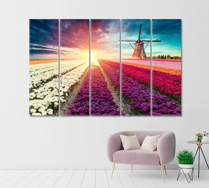 Tulip Field with Windmill Netherlands Canvas Print-Canvas Print-CetArt-1 Panel-24x16 inches-CetArt