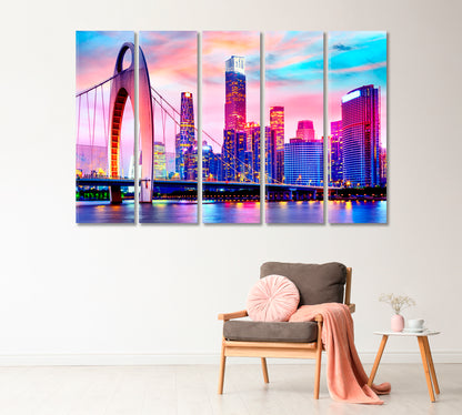 Guangzhou Cityscape over Pearl River with Liede Bridge Canvas Print-Canvas Print-CetArt-1 Panel-24x16 inches-CetArt