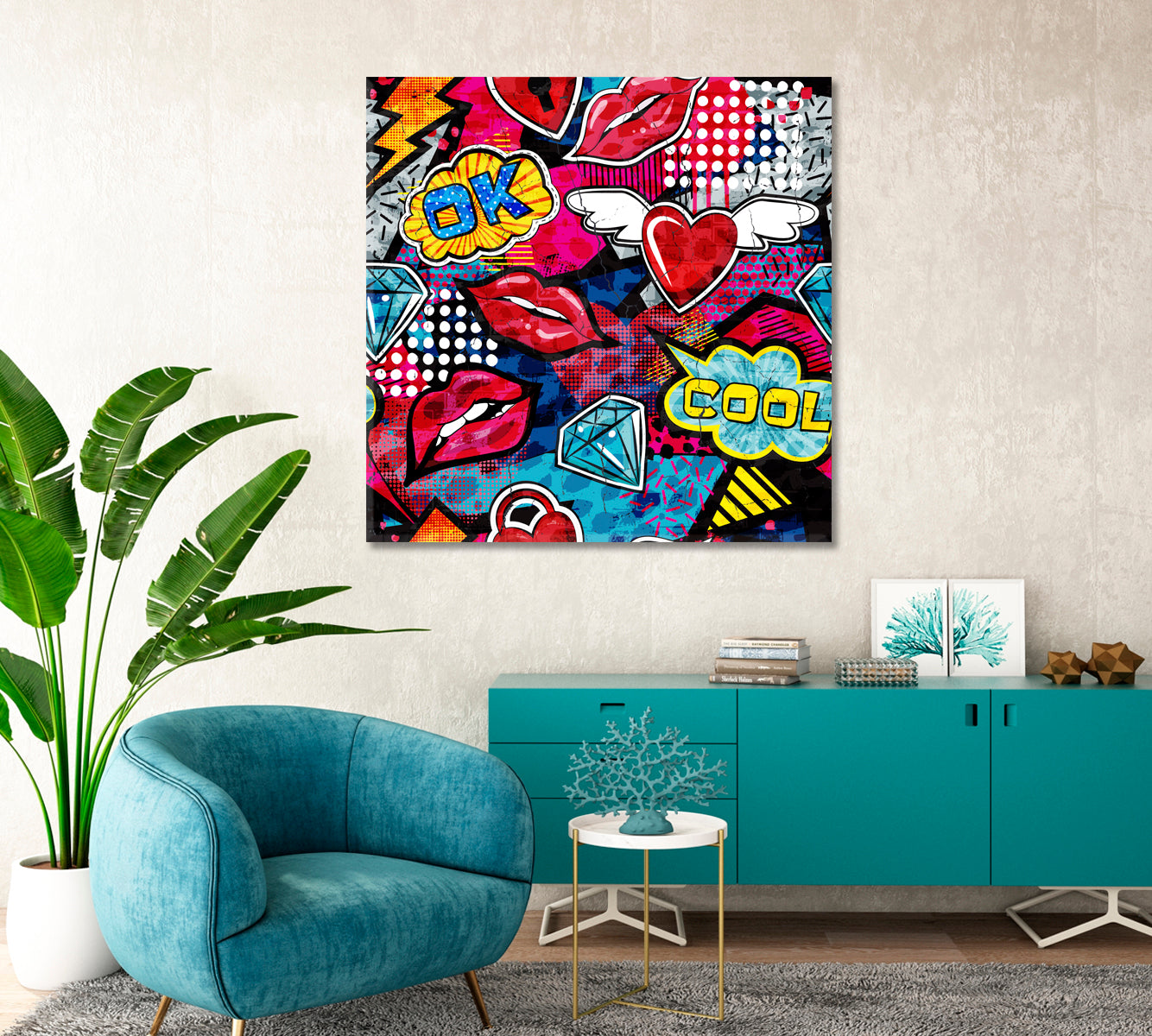 Bright Graffiti with Lips Canvas Print-Canvas Print-CetArt-1 panel-12x12 inches-CetArt