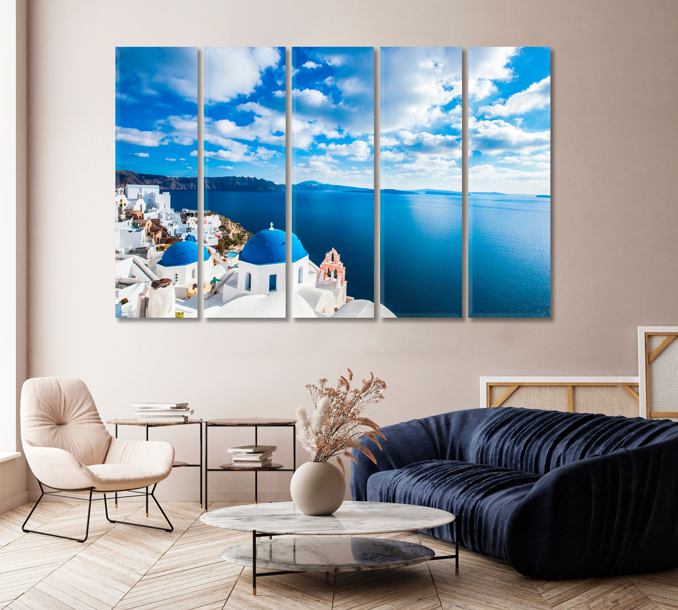 Blue Domed Churches in Beach Santorini Greece Canvas Print-Canvas Print-CetArt-1 Panel-24x16 inches-CetArt