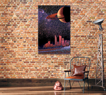 Fantastic Landscape with City Skyline and Planet Saturn Canvas Print-Canvas Print-CetArt-1 panel-16x24 inches-CetArt