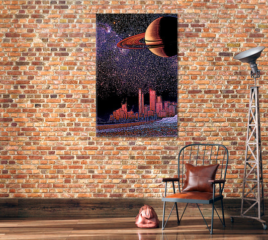 Fantastic Landscape with City Skyline and Planet Saturn Canvas Print-Canvas Print-CetArt-1 panel-16x24 inches-CetArt