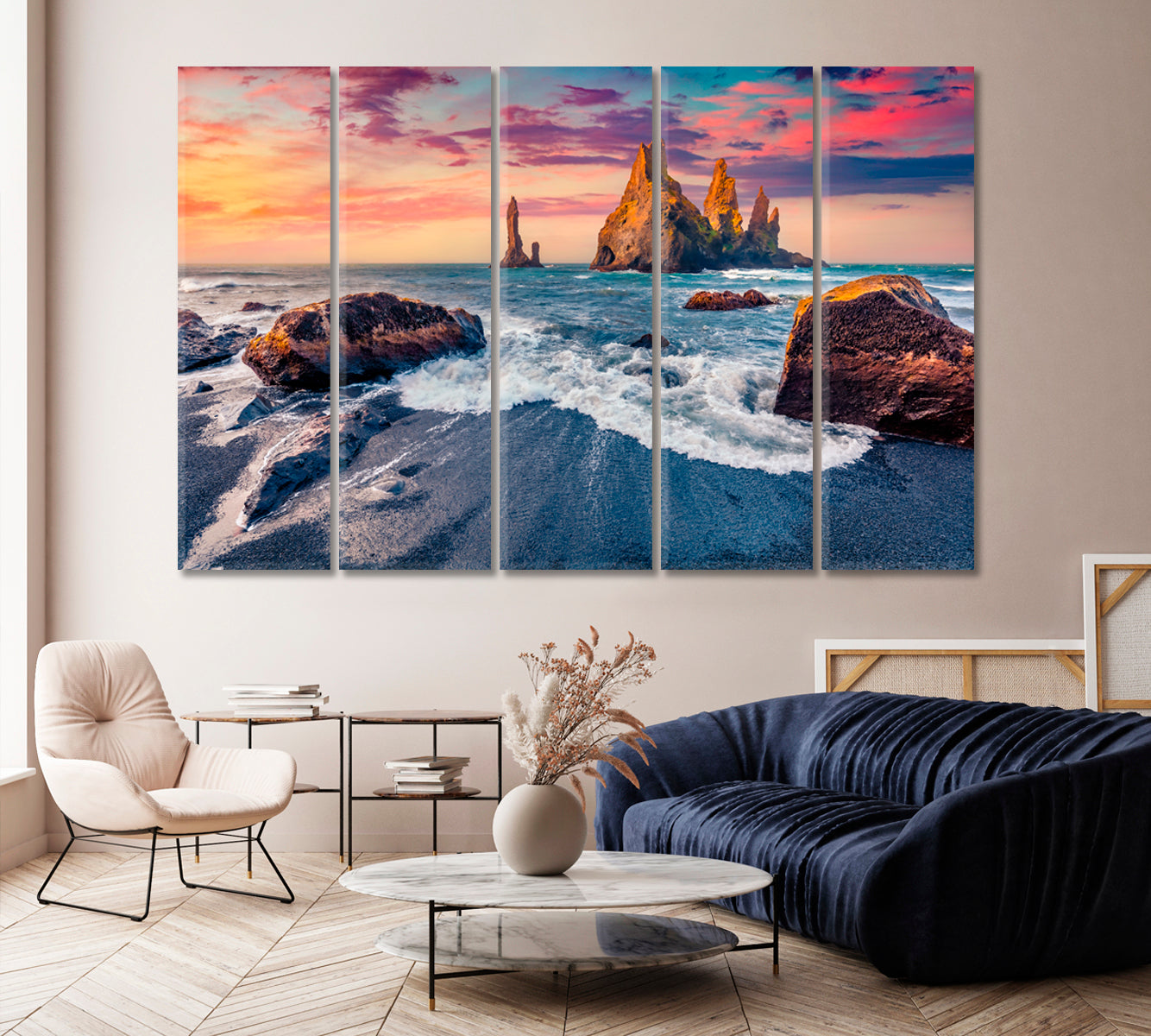 Colorful Sunset with Reynisdrangar Cliffs Iceland Canvas Print-Canvas Print-CetArt-1 Panel-24x16 inches-CetArt