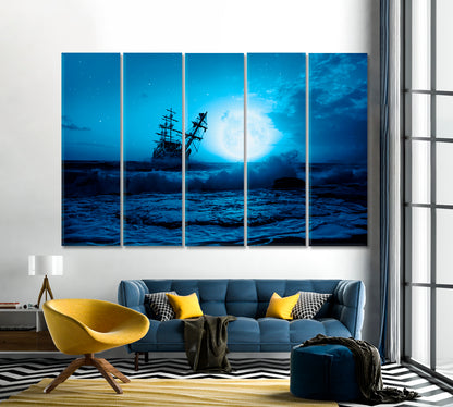 Sailing Old Ship in Stormy Sea at Night Canvas Print-Canvas Print-CetArt-1 Panel-24x16 inches-CetArt