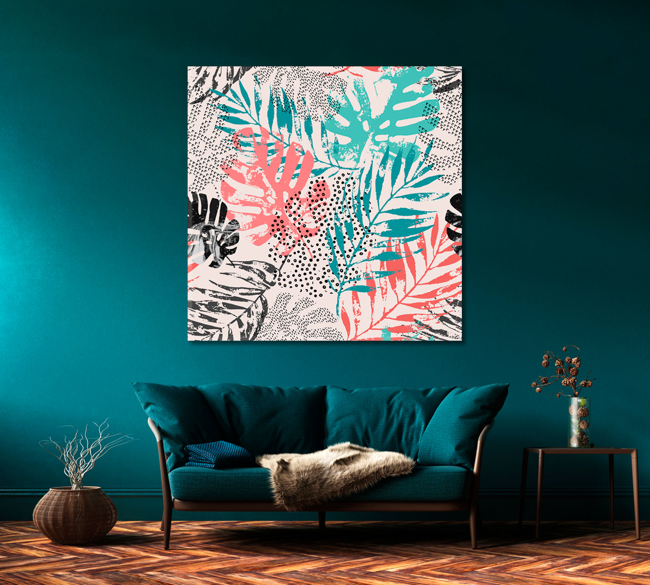 Abstract Palm Leaves and Monstera Canvas Print-Canvas Print-CetArt-1 panel-12x12 inches-CetArt