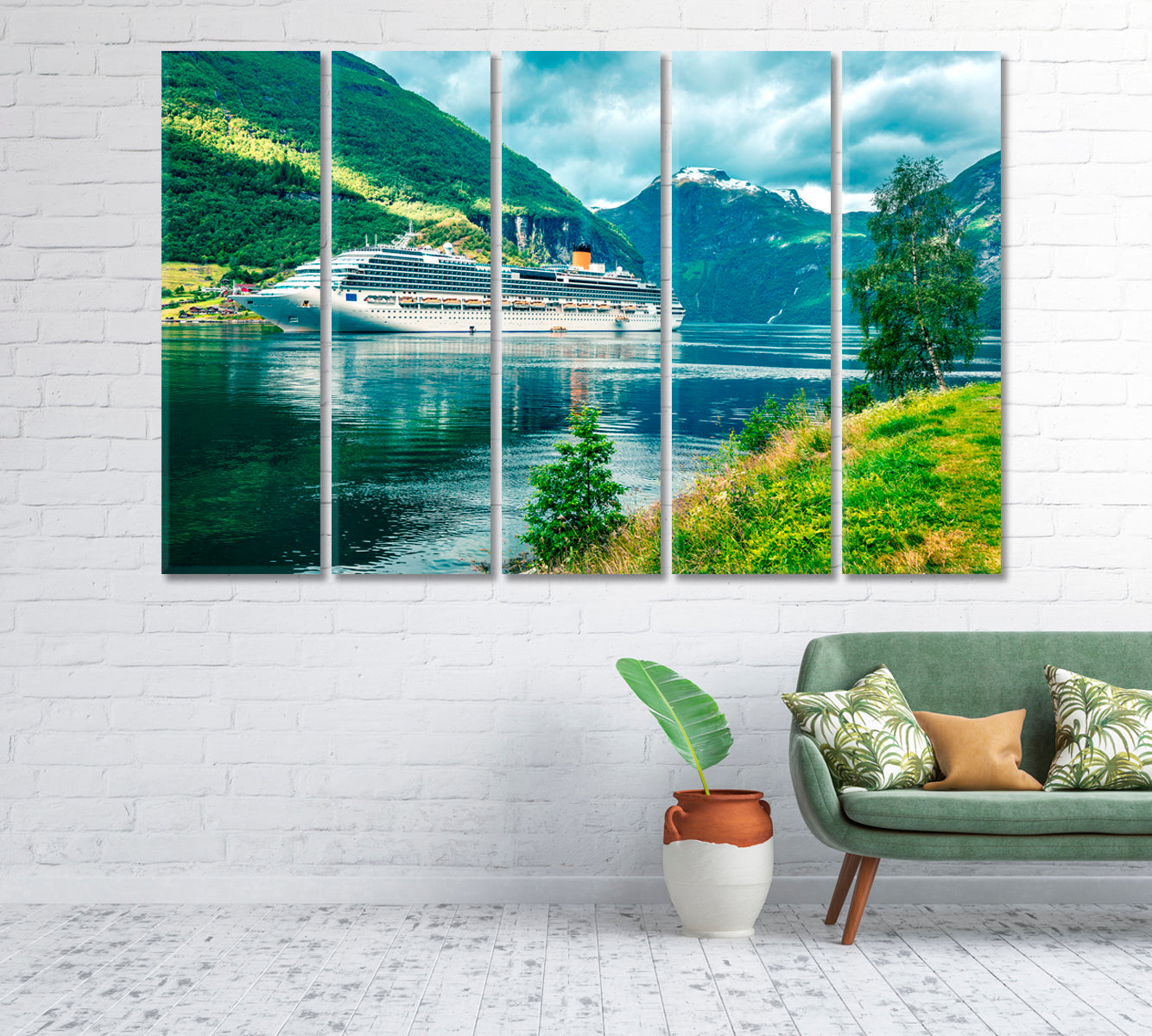 Green Geiranger Fjord with Cruise Ship Norway Canvas Print-Canvas Print-CetArt-1 Panel-24x16 inches-CetArt